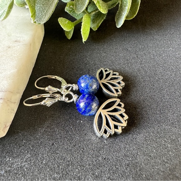 Lapis Lazuli Earrings with Lotus Flower Sterling Silver Lever Back - Picture 4 of 11